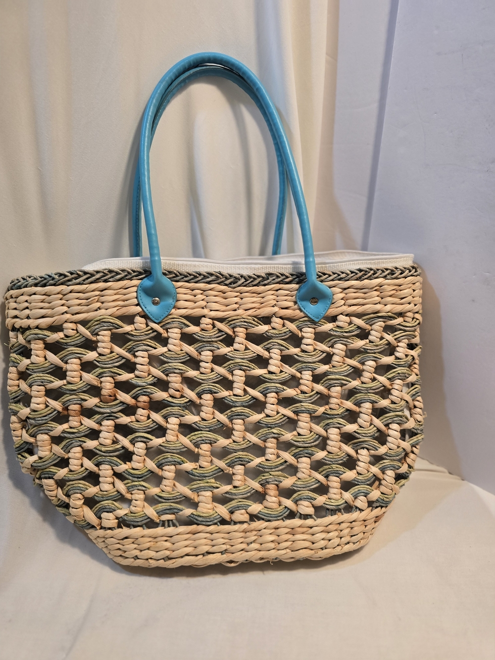 Woven Straw Pet Carrier Bag with Turquoise Handles